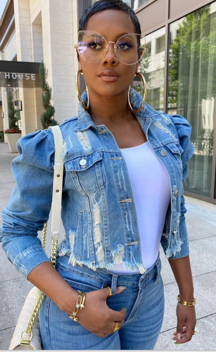 Jean jacket best sale with puffy shoulders